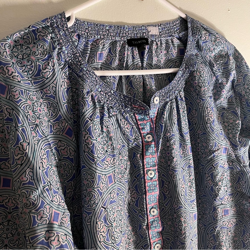 Talbots Blue and Pink Patterned blouse Large